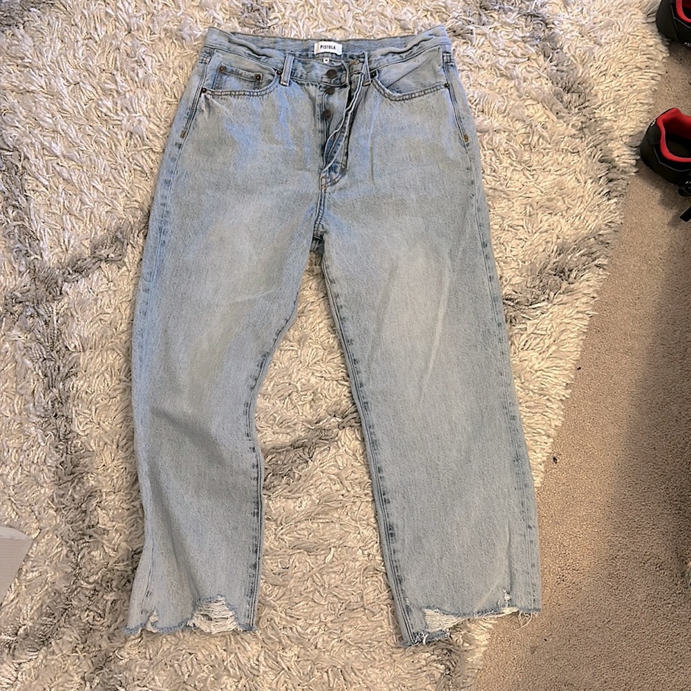 Pistola Blue Straight Leg Jeans with Distressed Hem